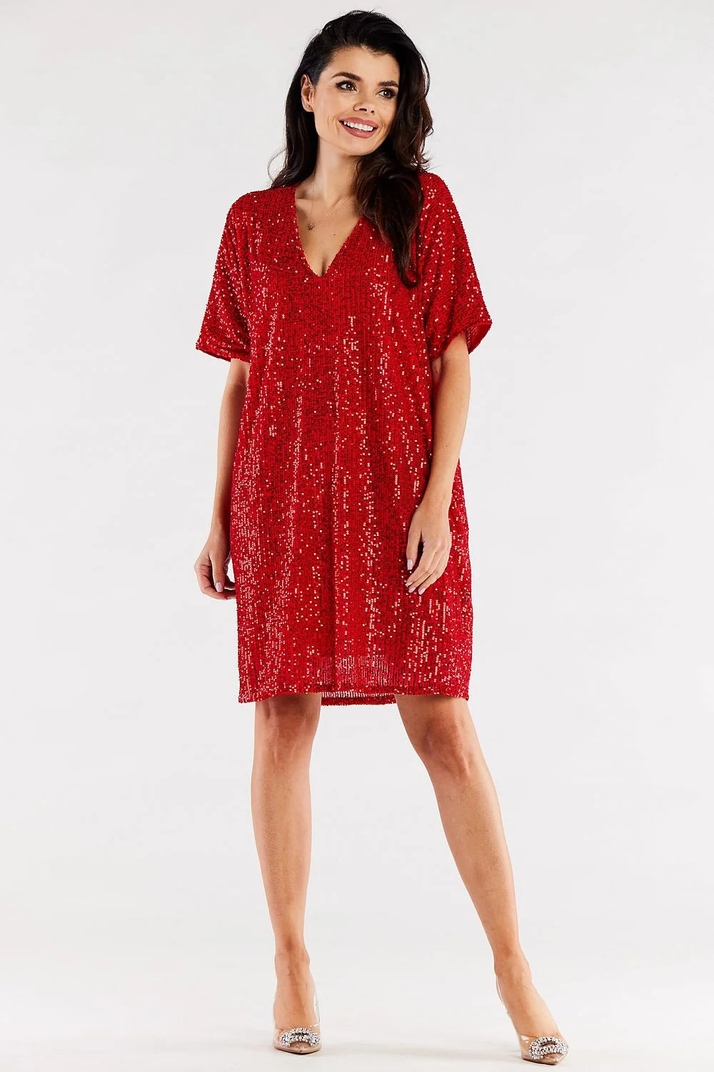 Robe de soirée élégante pour femme en sequins rouges, coupe ample, col en V, manches courtes, longueur au-dessus des genoux