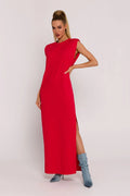 Robe longue moderne élégante maille coupe droite encolure bateau épaules subtilement accentuées fente latérale rouge vif confection polonaise femme