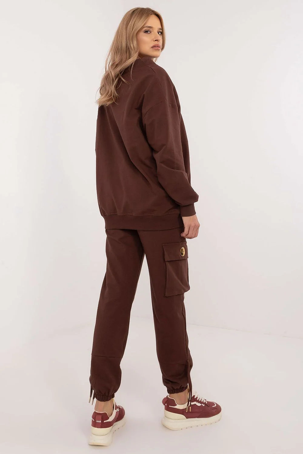 Ensemble jogging mode femme élégant coton élasthanne brun chocolat capuche poche lacing slim fit