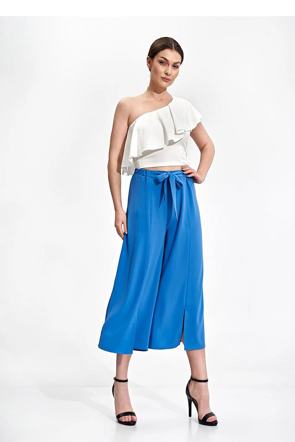 Pantalon femme Figl asymétrique culotte vert vif ceinture nouée coupe ample polyester 100% taille ajustable occasion élégante