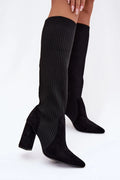 bottes hautes femme noires côtelées maille extensible suédine empiècement bout pointu talon bloc 9cm coupe slipon ajustée silhouette élégante