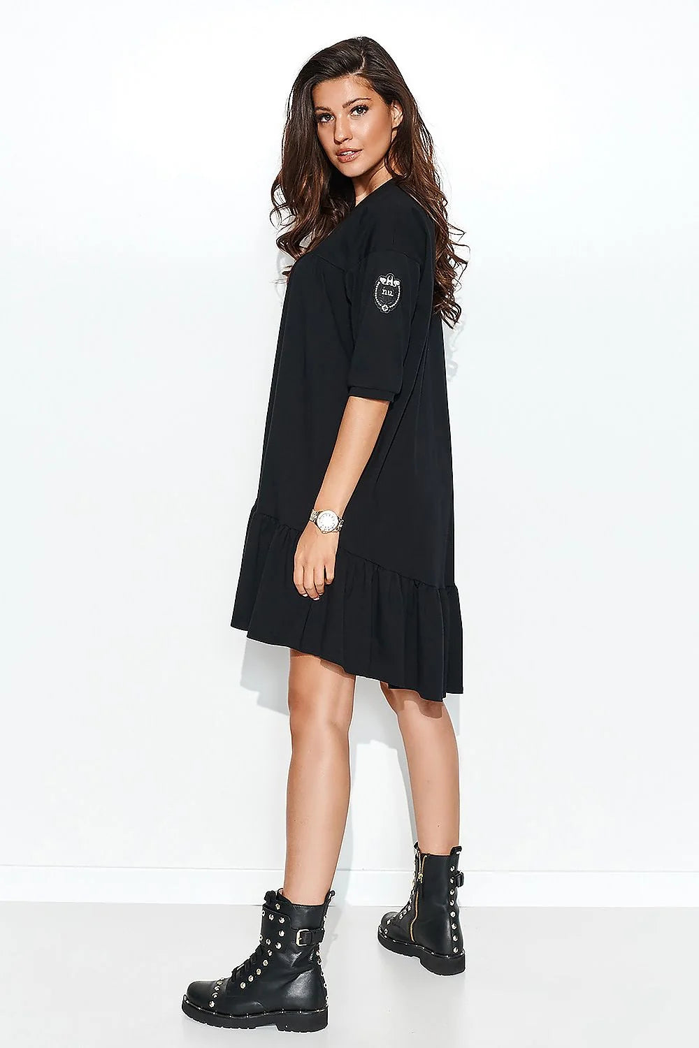Robe décontractée noir coton oversize chic manches mi-longues encolure V femme confortable élégante