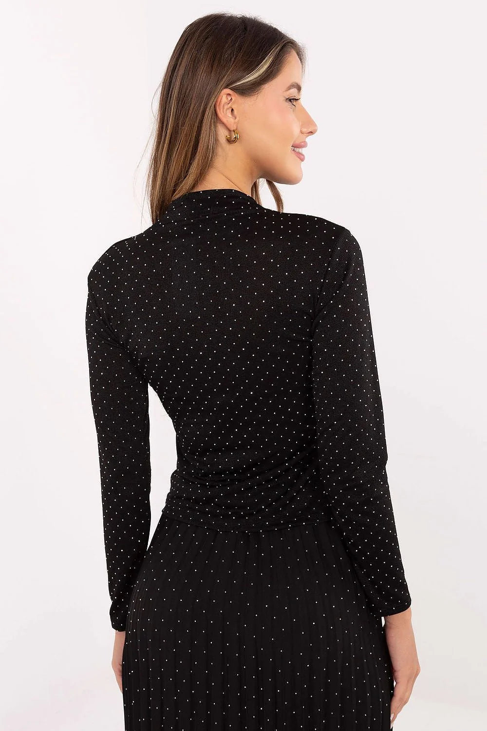 chemisier femme ajusté col roulé manches longues viscose polyester extensible strass scintillant noir élégant soirée habillé