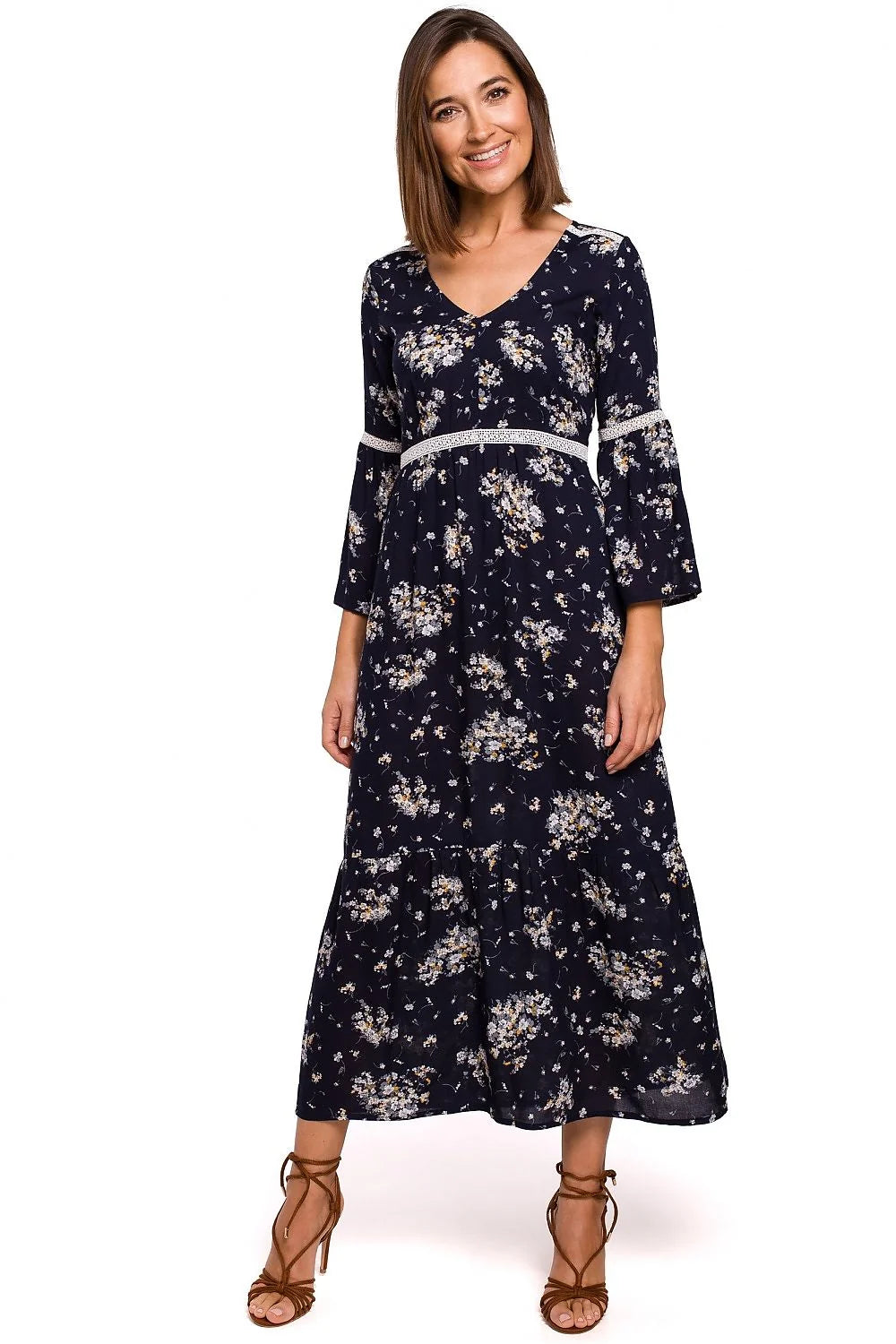 Robe bohème romantique manches longues dentelle fleurs bleu marine femme taille ajustable polyester viscose