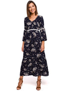 Robe bohème romantique manches longues dentelle fleurs bleu marine femme taille ajustable polyester viscose