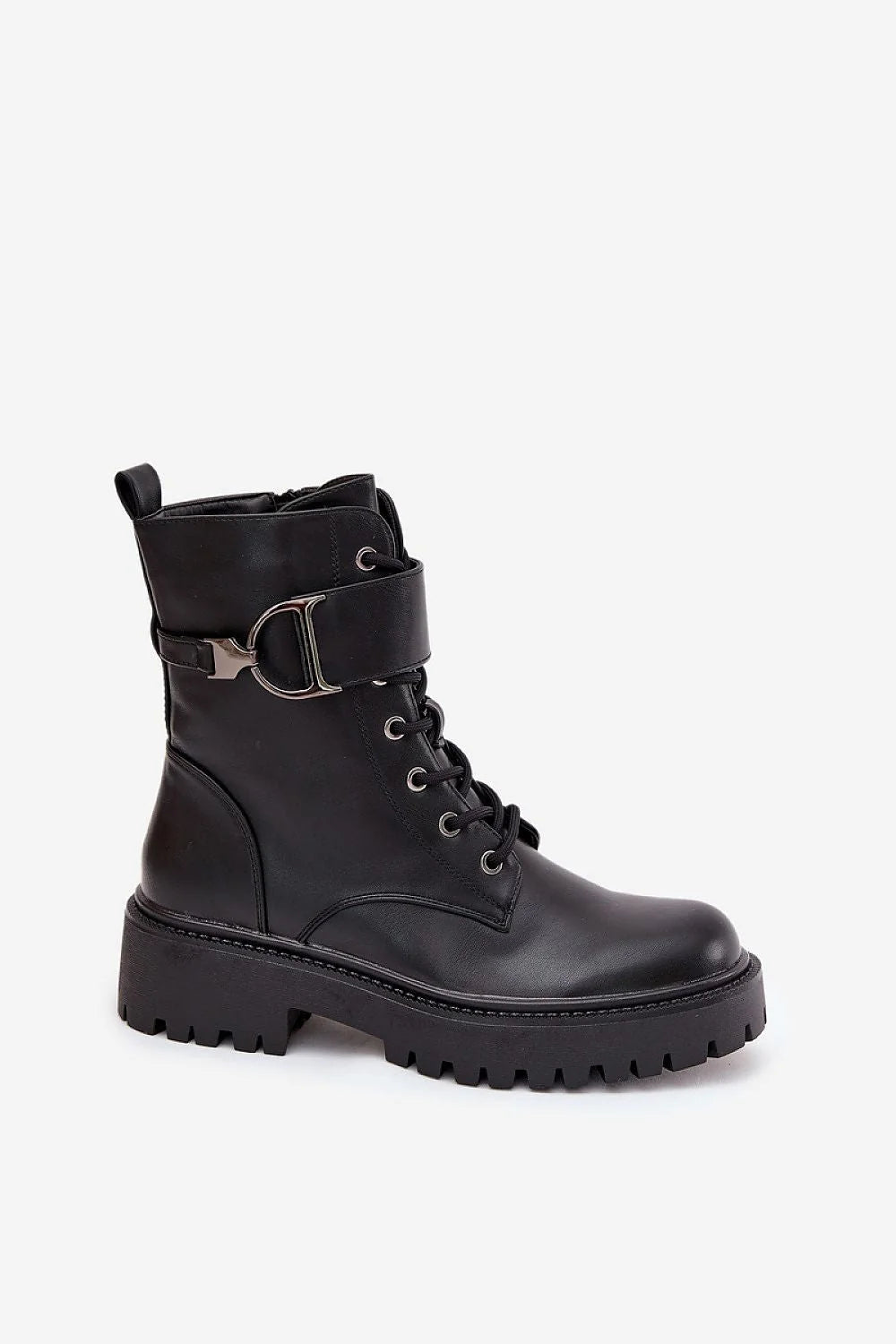 bottines femme montantes rangers noir similicuir lacets œillets métalliques bride boucle velcro doublure peluche chaude plateforme crantée semelle adhérente confortable