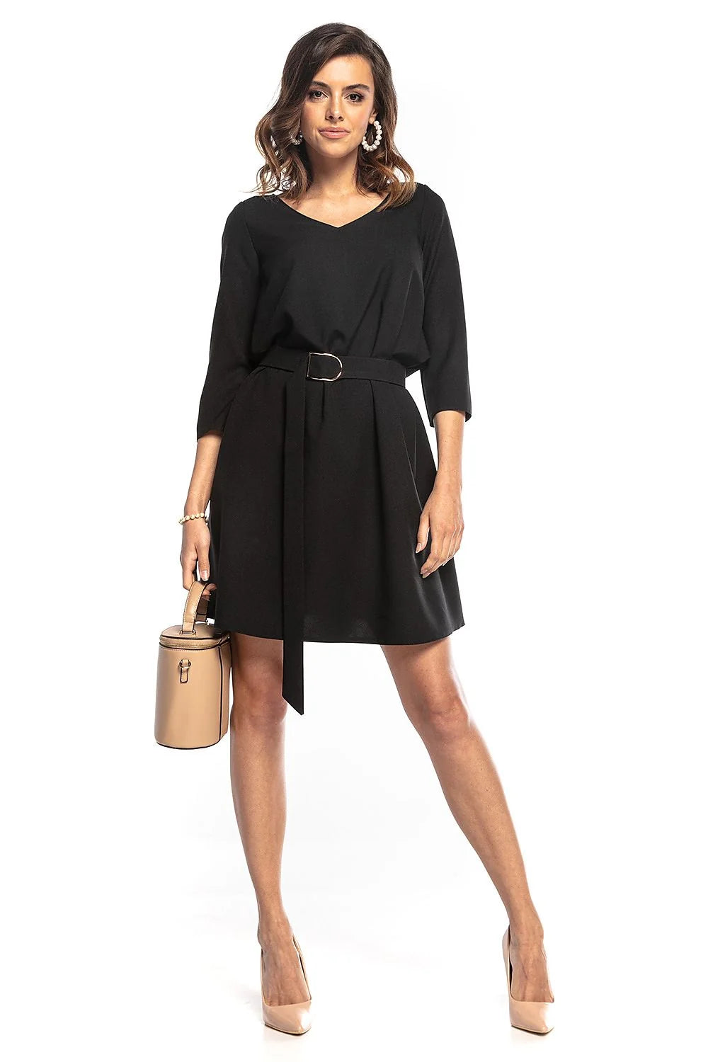 Robe élégante polyester noir coupe évasée manches 3/4 encolure V ceinture boucle mode femme