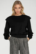 sweatshirt femme noir oversize col rond manches longues épaules structurées poignets larges côtelés tombé blousant maille jersey douce