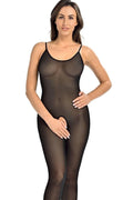 bodystocking noir transparent mesh sexy raffiné moulant seconde peau nylon élasthanne extensible bretelles spaghetti encolure scoop ouverture entrejambe brillant confortable