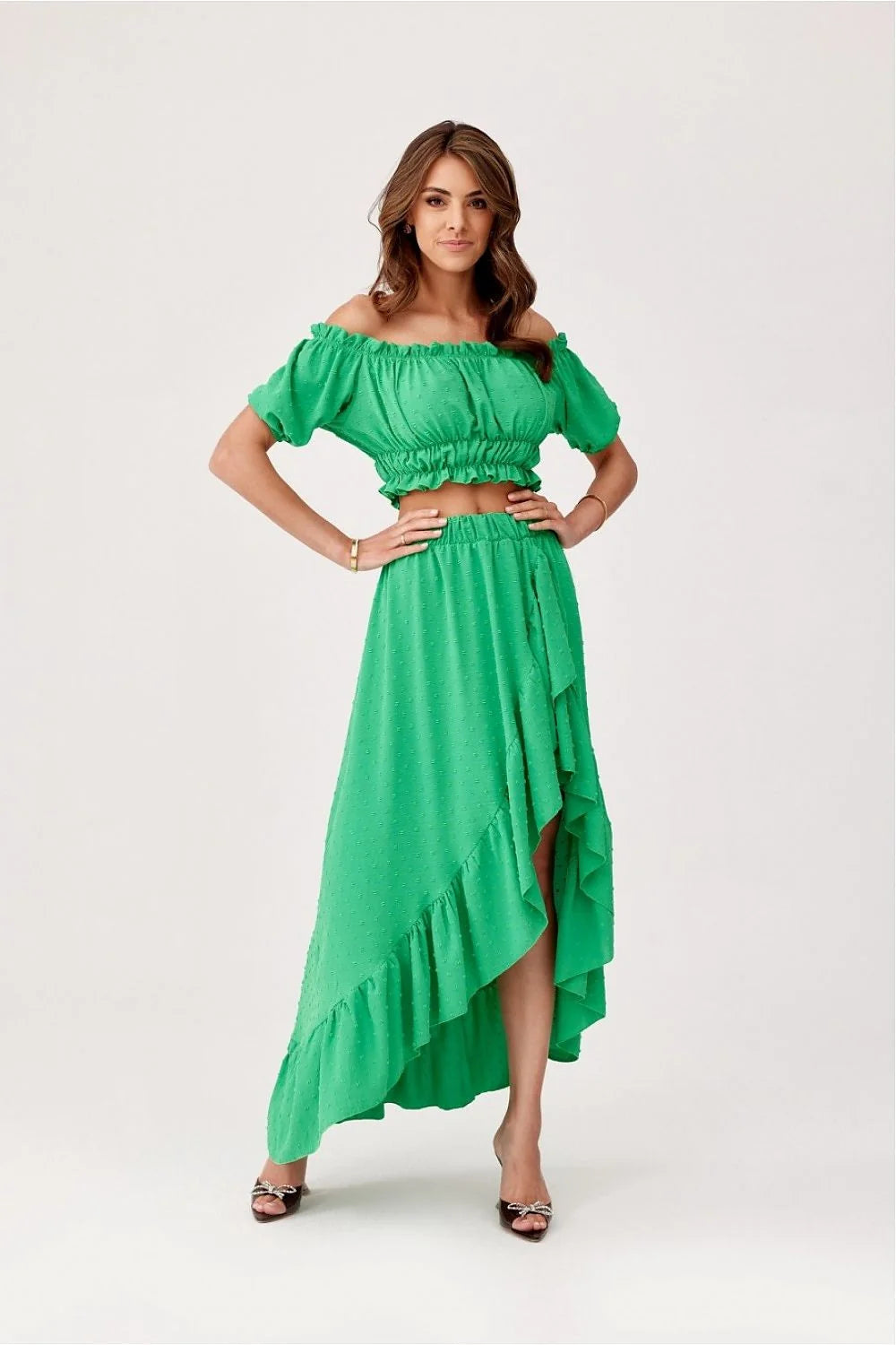 Ensemble Roco Fashion féminin summer cropped top asymmetrical skirt vert pois blancs bohemian style vêtements