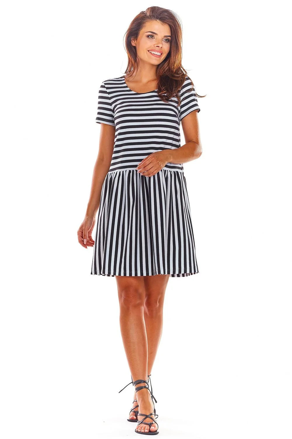 Robe de jour moderne Infinite You rayures horizontales et verticales coton élasthanne manches courtes col rond femme élégance quotidien semi-formel