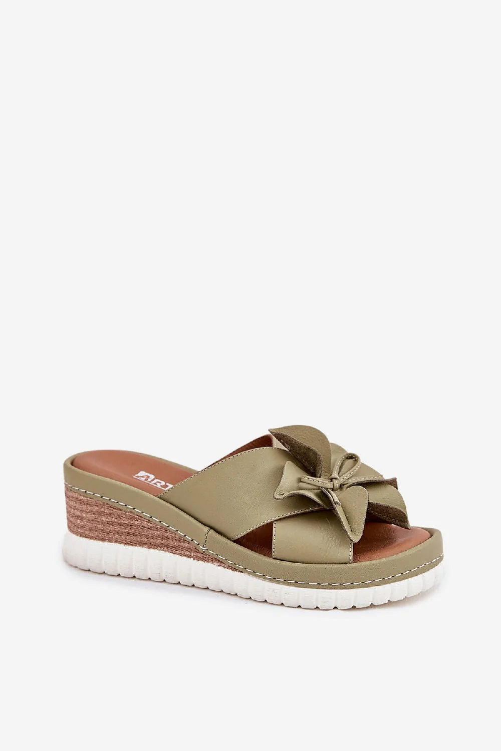 Sandales féminines contemporaines élégantes design décontracté tendance nœud décoratif couleur olive semelle liège talon 7 cm cuir synthétique femmes occasion estivale