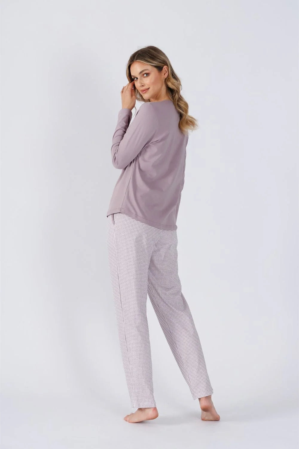 pyjama femme confortable élégante manches longues col rond patte boutonnage trois boutons pantalon vichy mauve poudré taille élastique cordon serrage