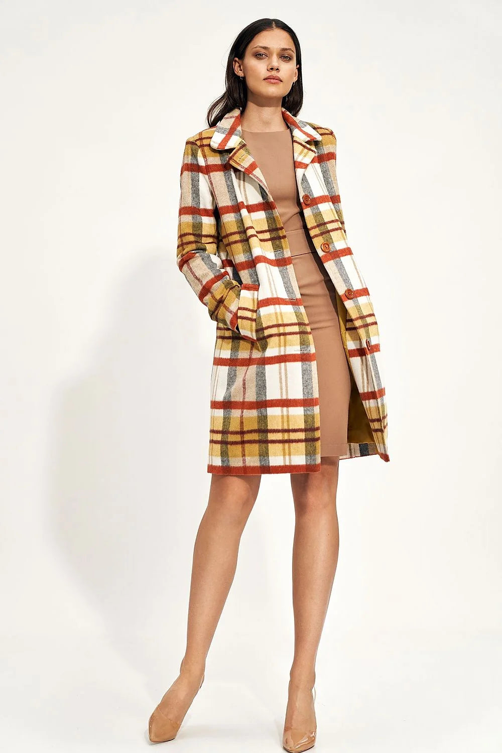 Manteau pour femme élégant style carreaux automne hiver coupe droite col classique matelassé longueur midi polyester laine femme