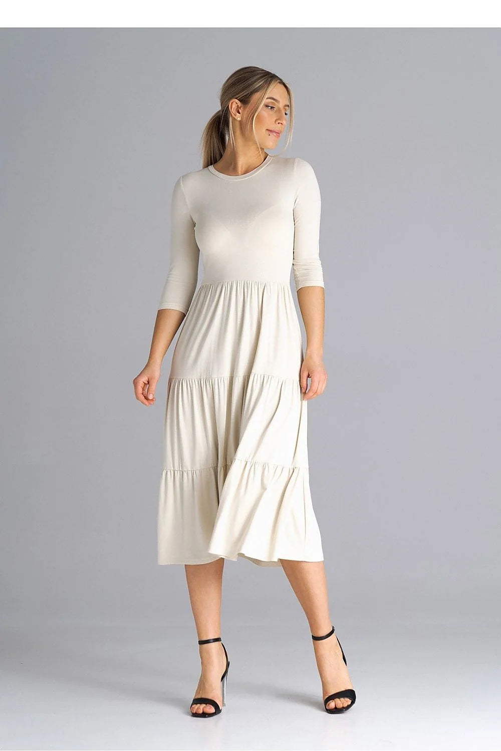 Robe de jour Figl midi manches 3/4 tissu doux ivoire ajustée taille volants subtils femme polyvalente