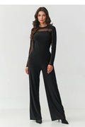 ensemble noir femme chemisier ajusté manches longues inserts résille transparents encolure ronde pantalon taille haute jambes larges stretch fluide élégant