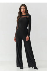 ensemble noir femme chemisier ajusté manches longues inserts résille transparents encolure ronde pantalon taille haute jambes larges stretch fluide élégant