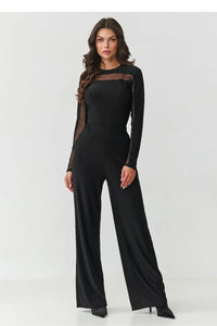 ensemble noir femme chemisier ajusté manches longues inserts résille transparents encolure ronde pantalon taille haute jambes larges stretch fluide élégant