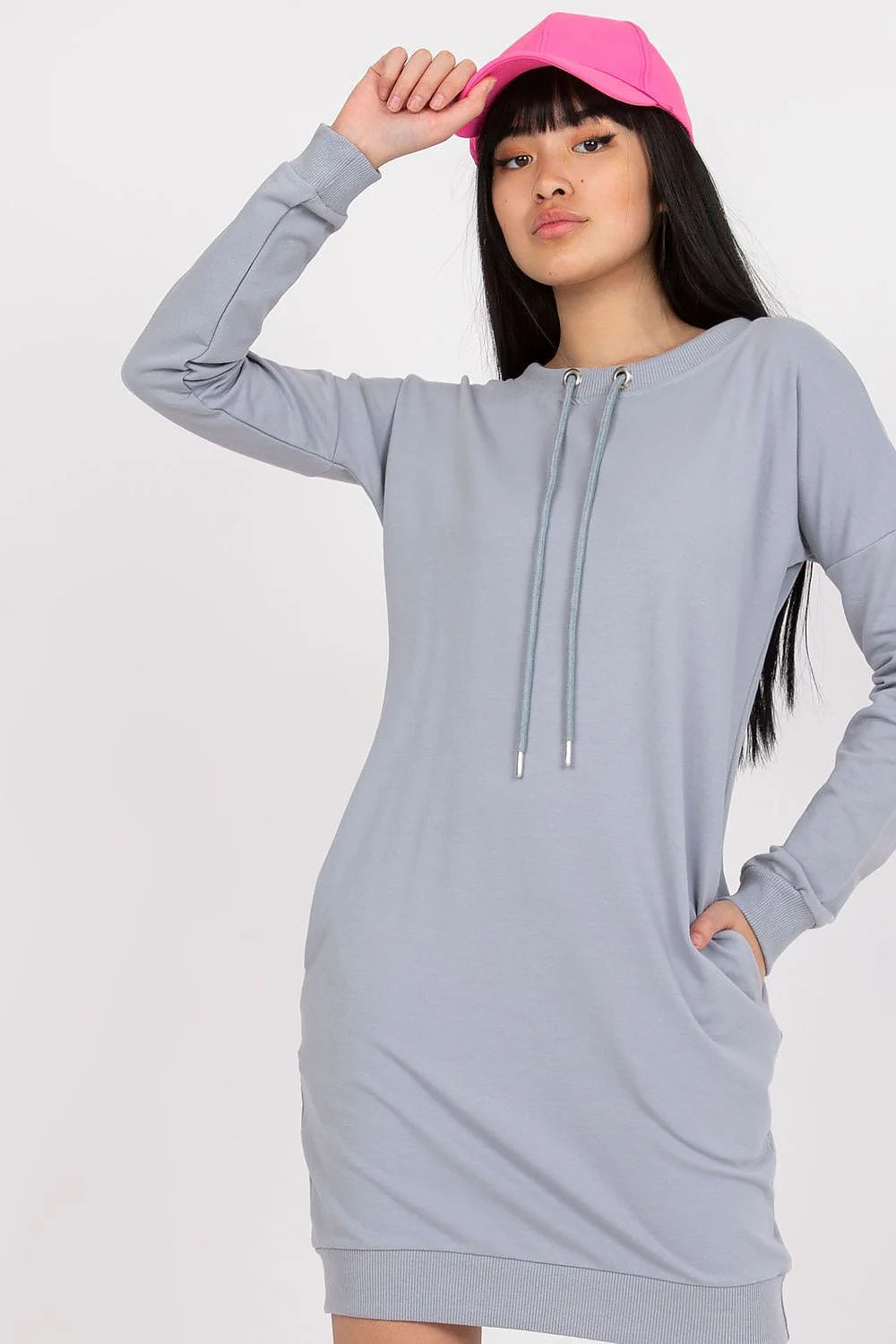 Robe de jour casual longue manches longues coton elasthanne couleur grise claire ajustable poches latérales femme