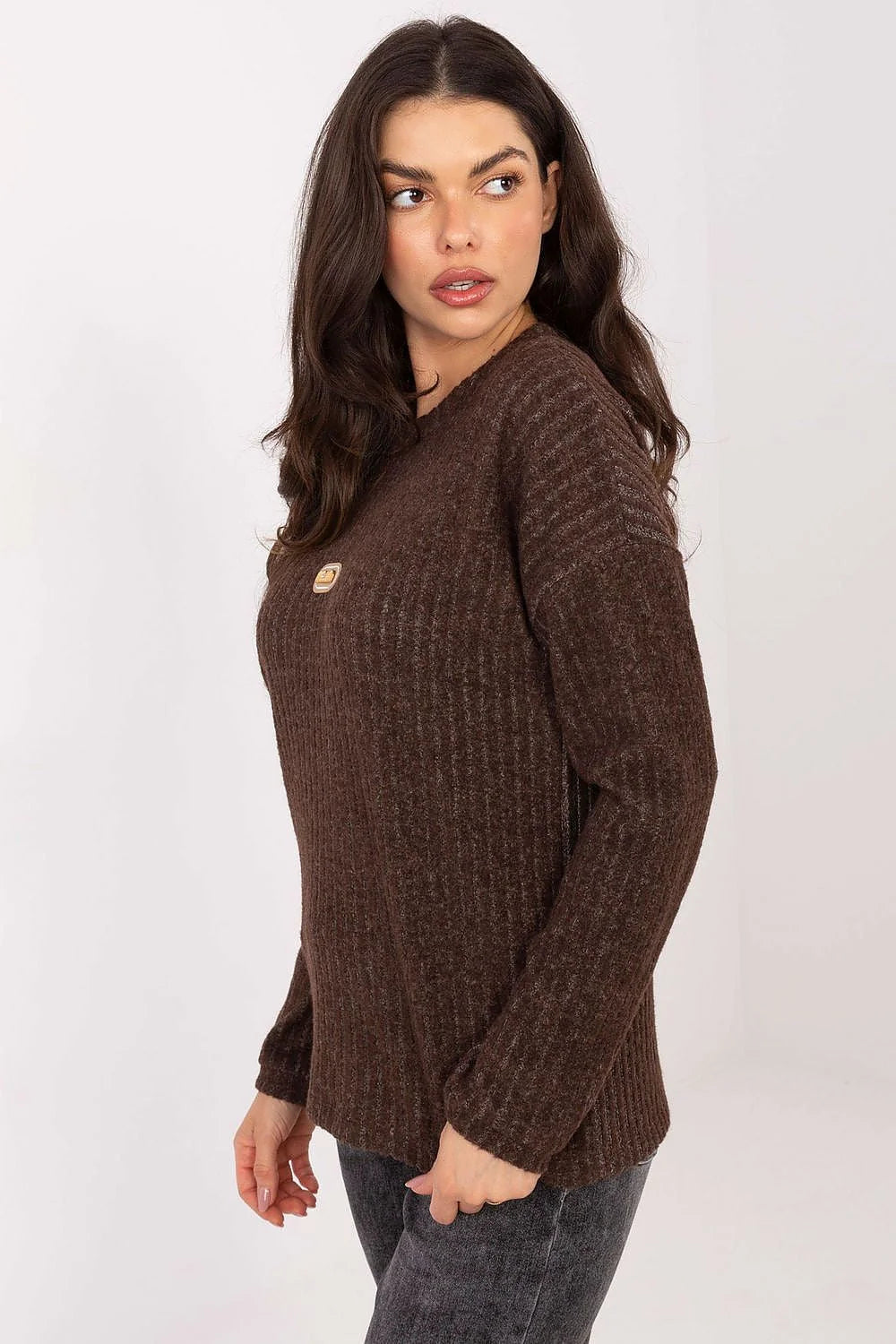 pull femme maille côtelée marron chocolat col rond manches longues coupe décontractée coton élasthanne douce épaissie patch ovale logo polyvalent
