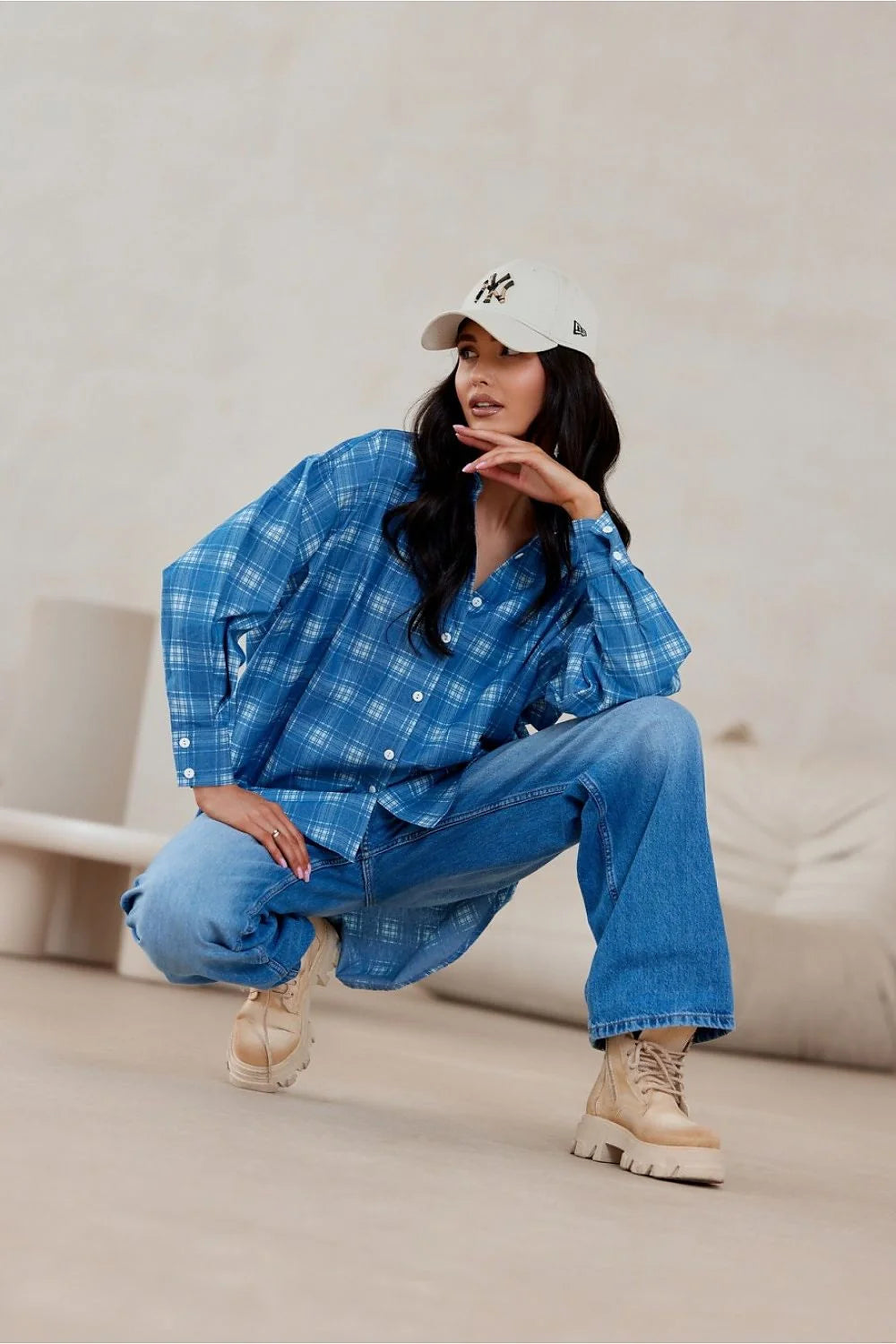 Chemise manche longue motif carreaux coton 100% coupe oversize boutons décoratifs femme style décontracté