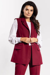gilet femme sans manches bordeaux coupe droite col revers bouton unique poches rabat structuré mi cuisse tailleur élégant