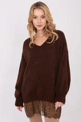 pull femme oversize tunique longue col V manches bouffantes dentelle bas tricot épais chocolat épaules tombantes finitions côtelées mohair doux