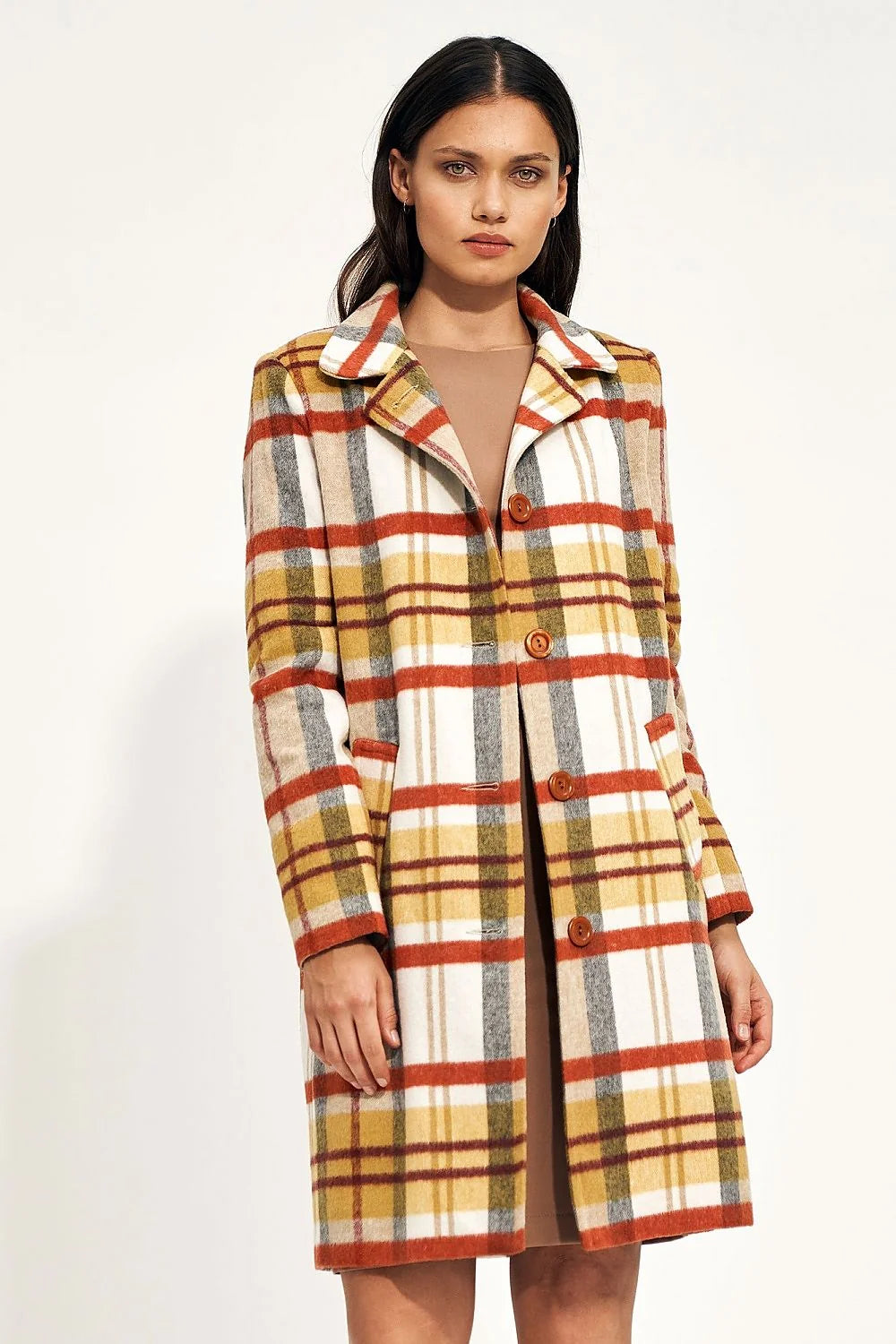 Manteau pour femme élégant style carreaux automne hiver coupe droite col classique matelassé longueur midi polyester laine femme