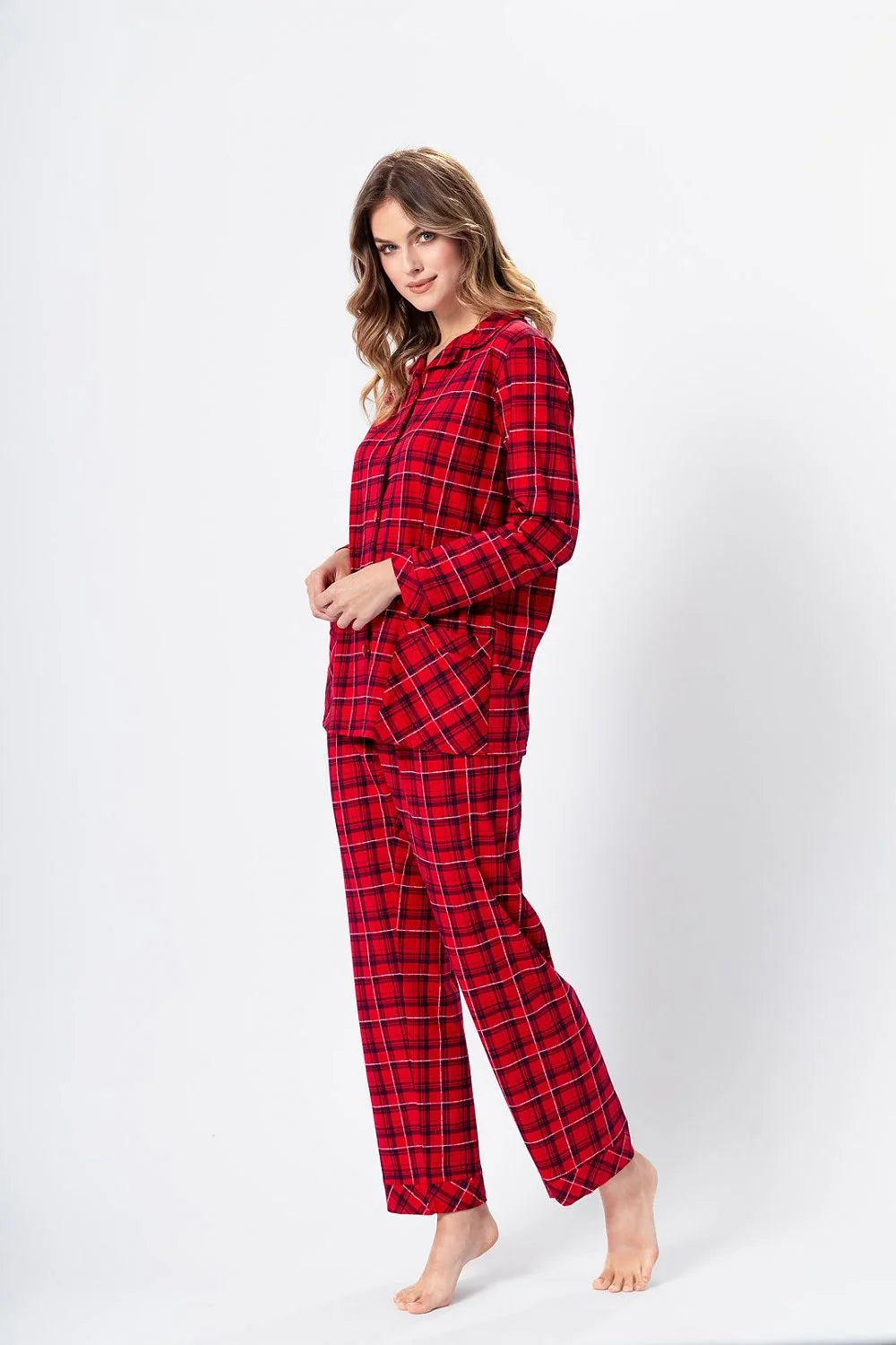 Pyjama femme classique carreaux rouge vif noir manches longues chemise pantalon coton doux confort nocturne