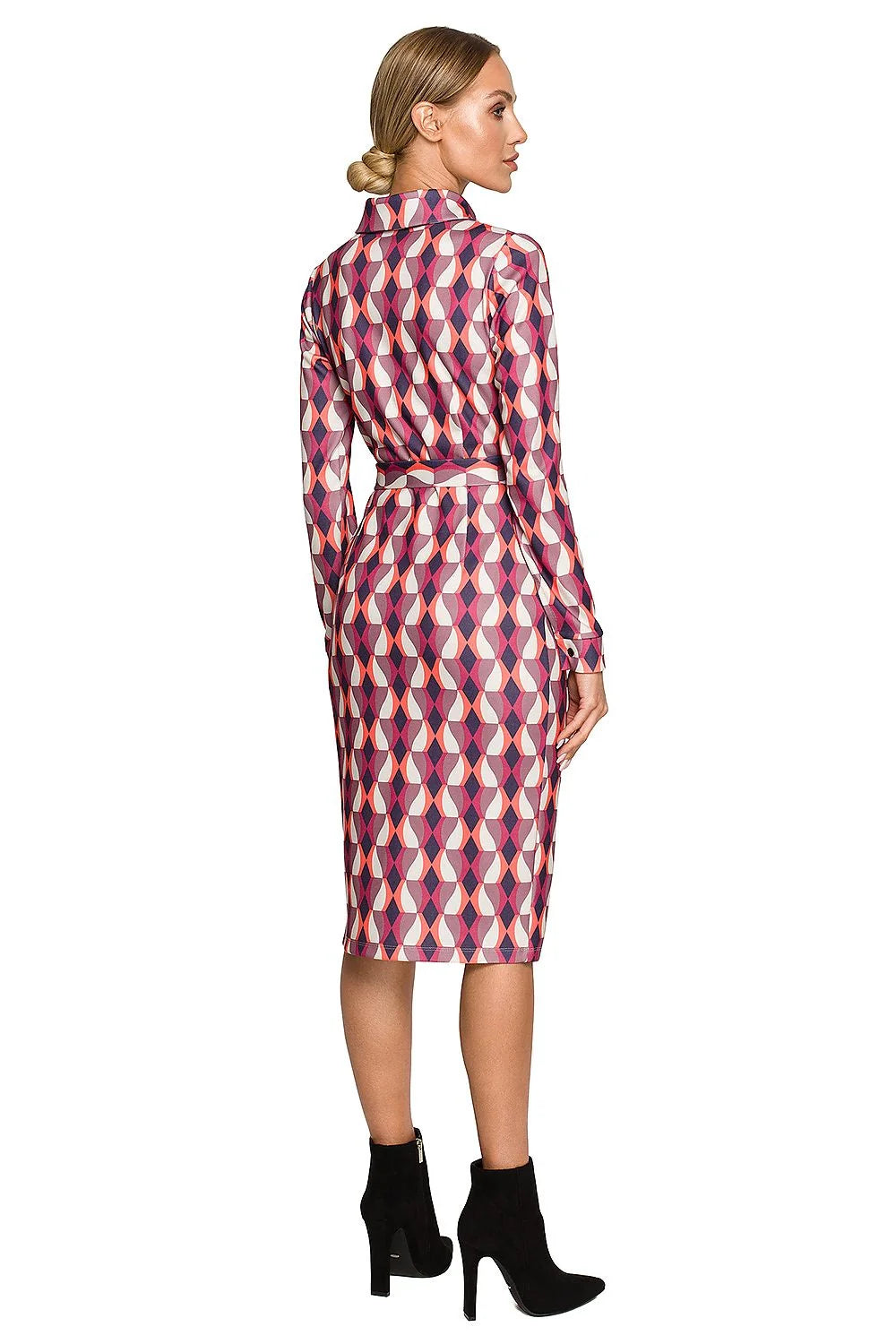 Robe de jour élégante mixte patchwork géométrique floral motifs colorés manches longues col boutonné ajustable polyester elasthanne femmes