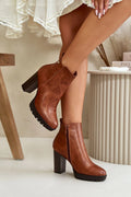 Bottes à talons hauts élégantes en cuir marron doublure fourrure fermeture éclair femme automne hiver taille ajustable talon carré 10 cm