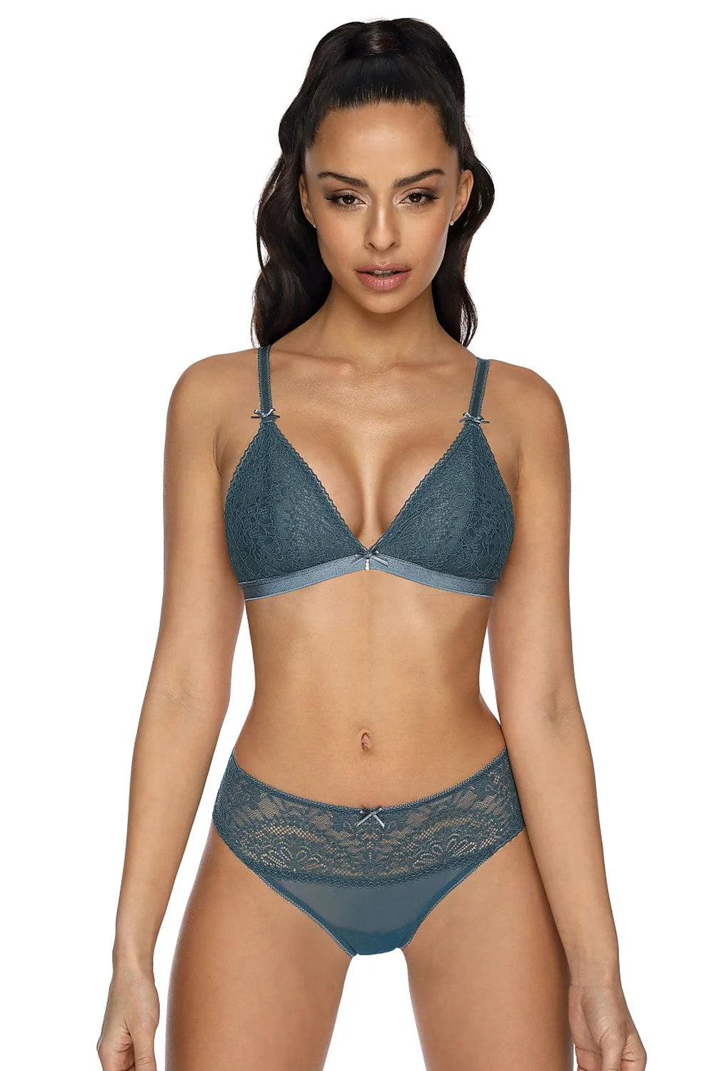Soutien-gorge doux et sensuel marine bonnets triangulaires dentelle nœuds décoratifs bretelles ajustables sans armature élasthanne polyamide lingerie féminine