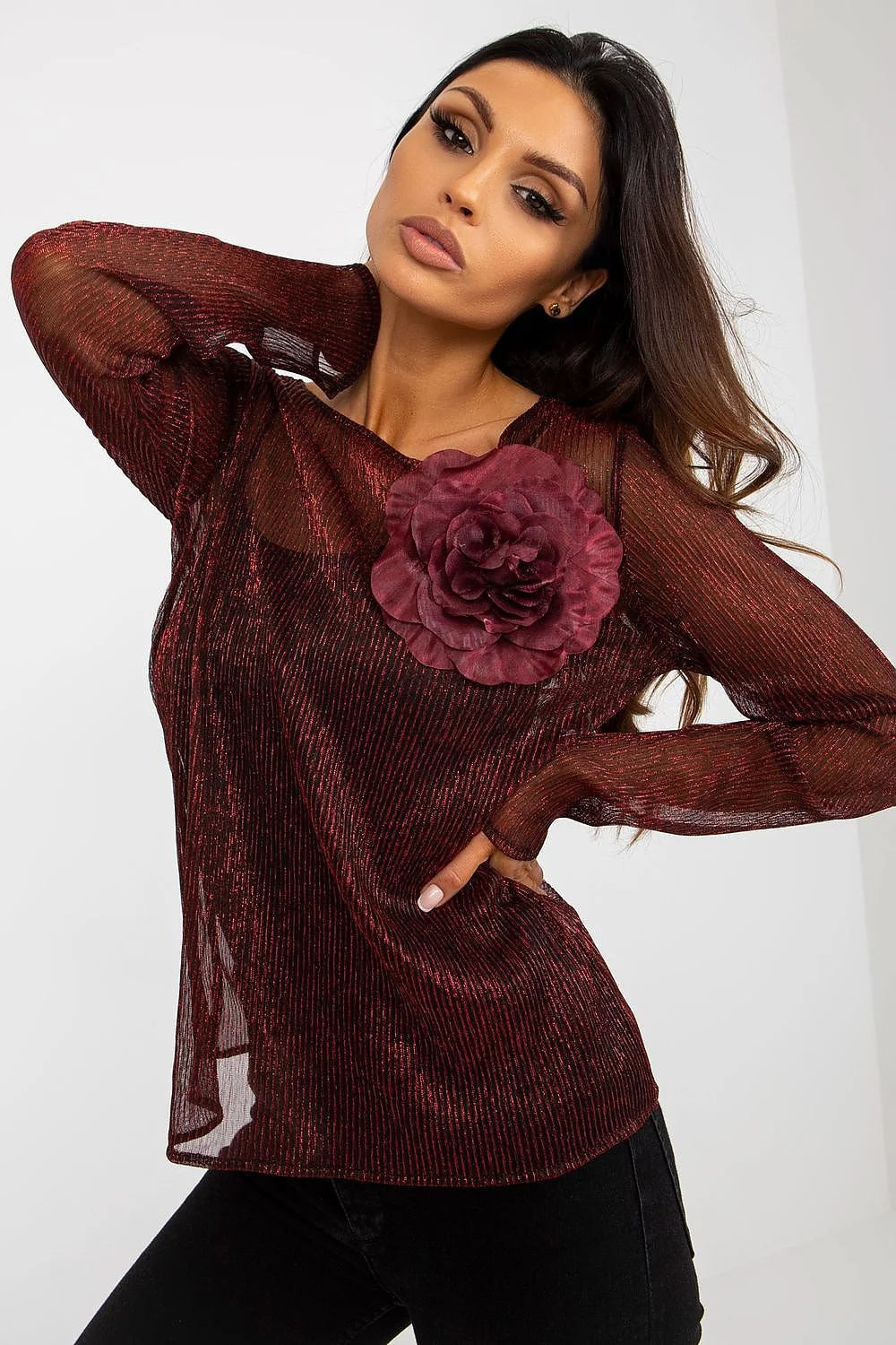 Chemisier Lakerta élégant pour femme en polyester 100% manches longues encolure ronde fleur décorative