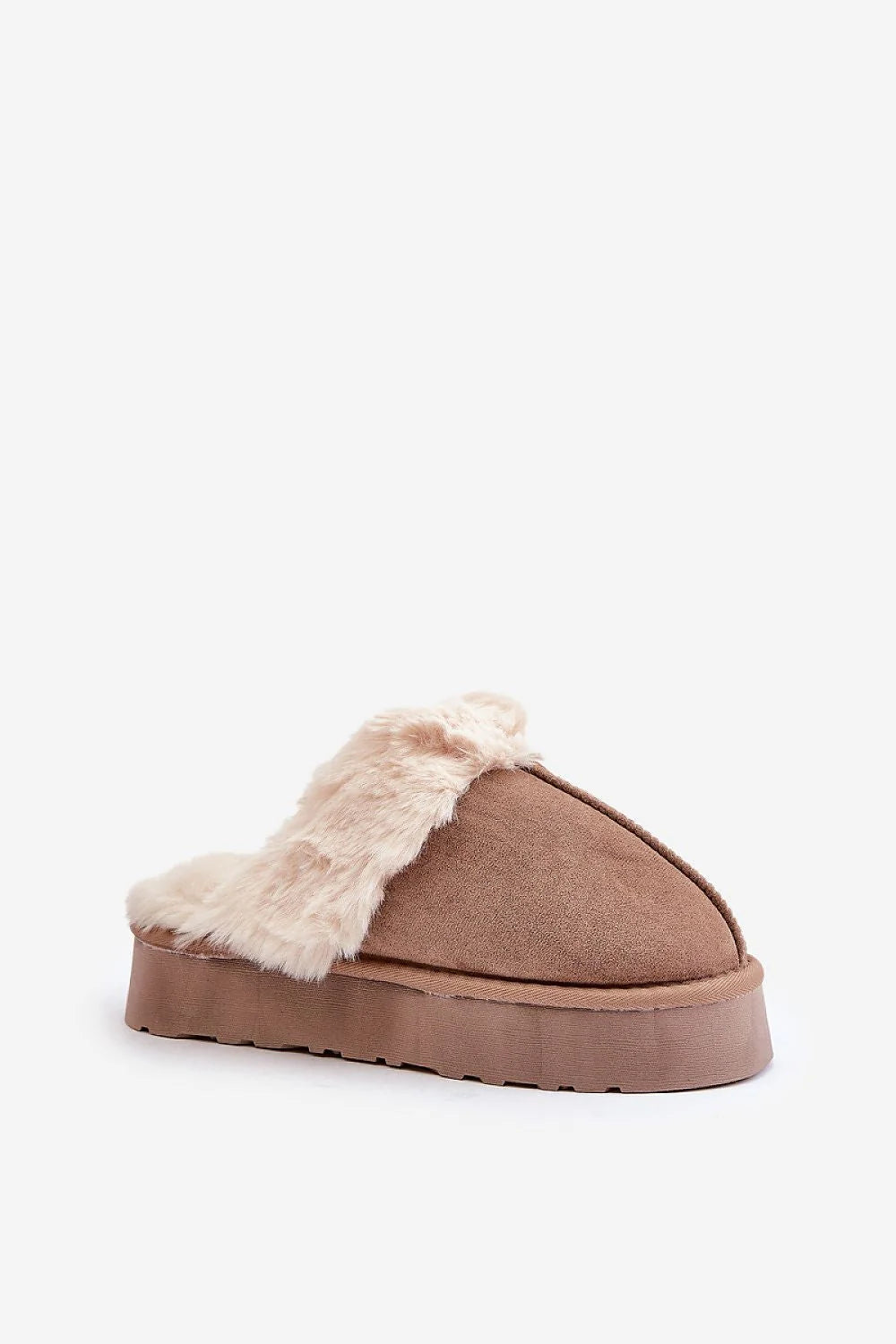 mules taupe suédine fourrure crème plateforme 4cm semelle crantée confortable bout fermé arrondi couture apparente cosy chic décontracté