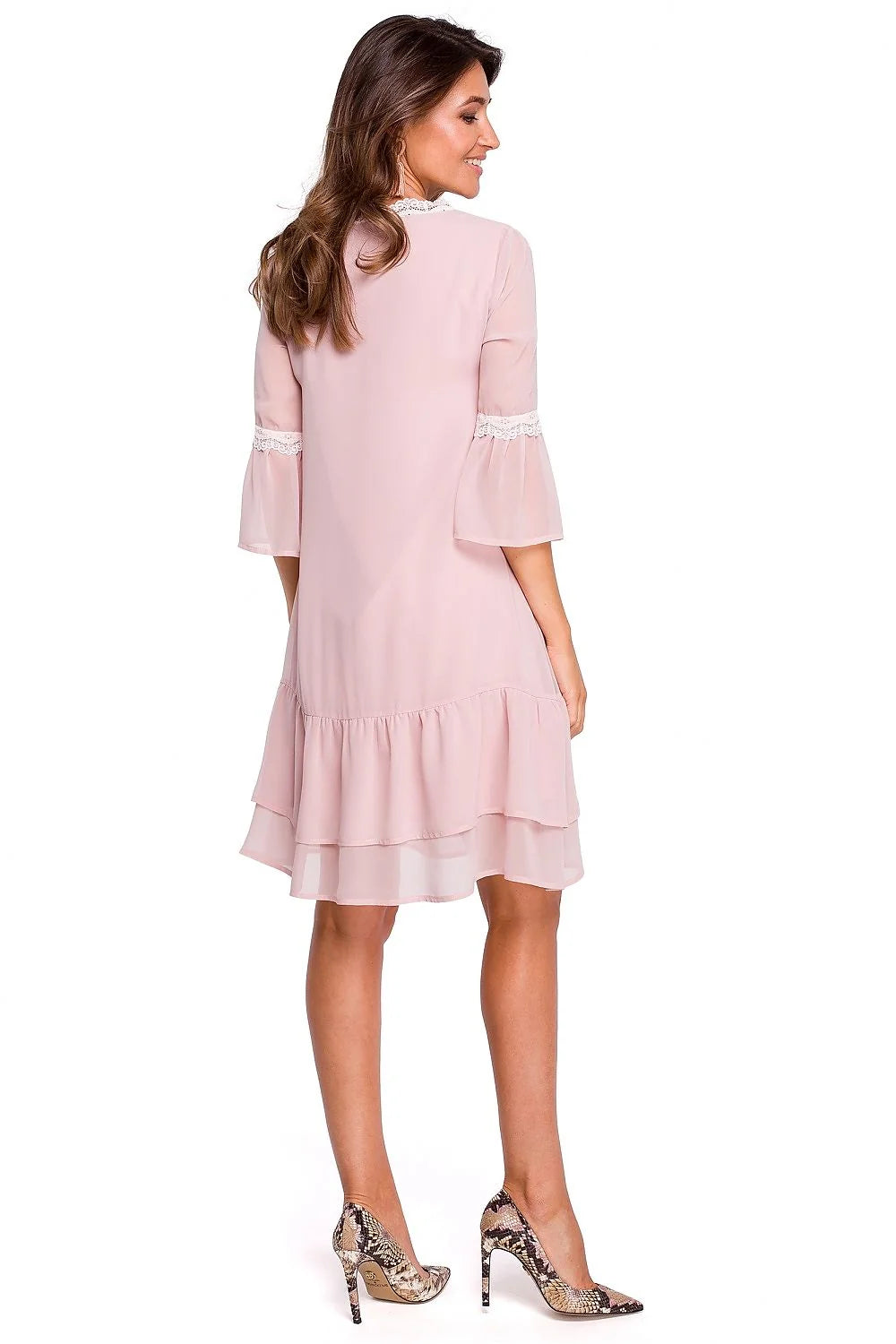 Robe de cocktail Stylove coupe A-line encolure V dentelle manches 3/4 couleur rose pâle pour femmes pour soirée ou journée