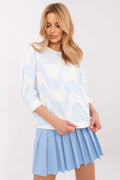 Chemisier Relevance en coton élasthanne manches 3/4 motif vagues bleu clair blanc jupe plissée bleu clair tenue moderne féminine décontractée