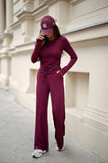 ensemble SHIRA bordeaux top manches longues ajusté drapé pantalon large taille haute cordon jersey extensible poches coupe fluide chic confortable