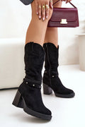 Bottes à talons mi-hautes élégantes en suède noir pour femme, confortable et moderne, talon aiguille 9 cm, fermure éclair