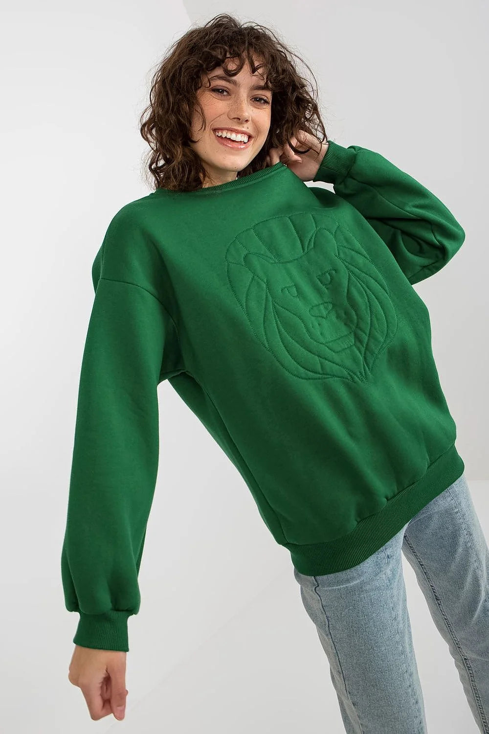 sweatshirt oversize femme col rond molletonné vert sapin ample épaules tombantes bords côtes poignets ourlet manches longues bouffantes broderie poitrine
