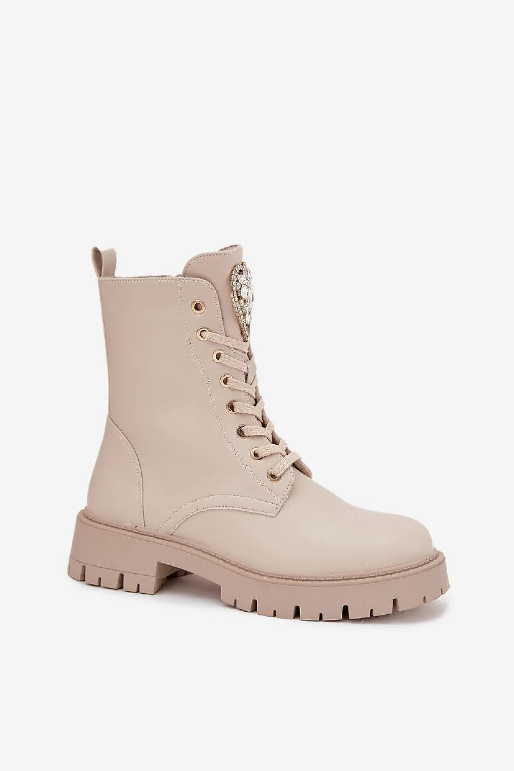 bottines femme beige nude similicuir mimollet combat urbain semelle crantée chunky laçage œillets dorés zip latéral coeur strass bijou glam