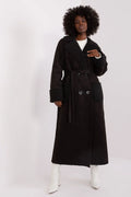 Manteau long pour femme élégant noir fourrure synthétique ceinture assortie poches larges coupe structurée style trench