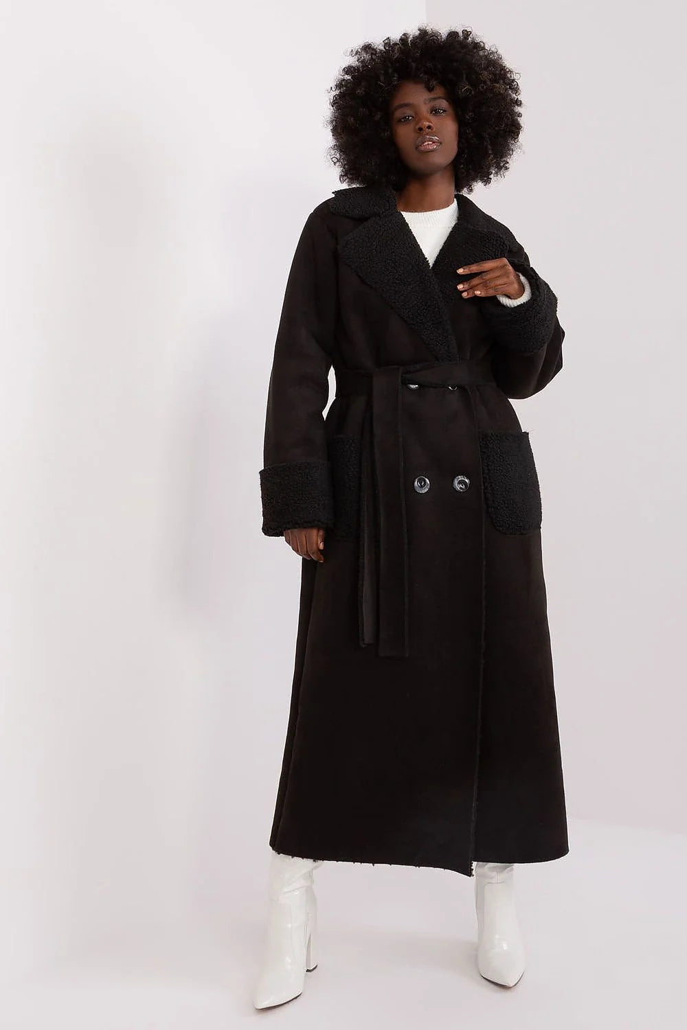 Manteau long pour femme élégant noir fourrure synthétique ceinture assortie poches larges coupe structurée style trench