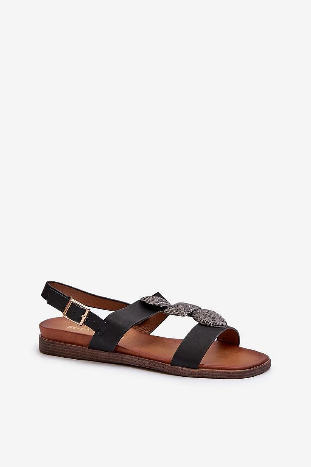 Sandales plates élégantes pour femmes Sergio Leone cuir artificiel noir argenté détails métalliques ajustables talon 1.5 cm