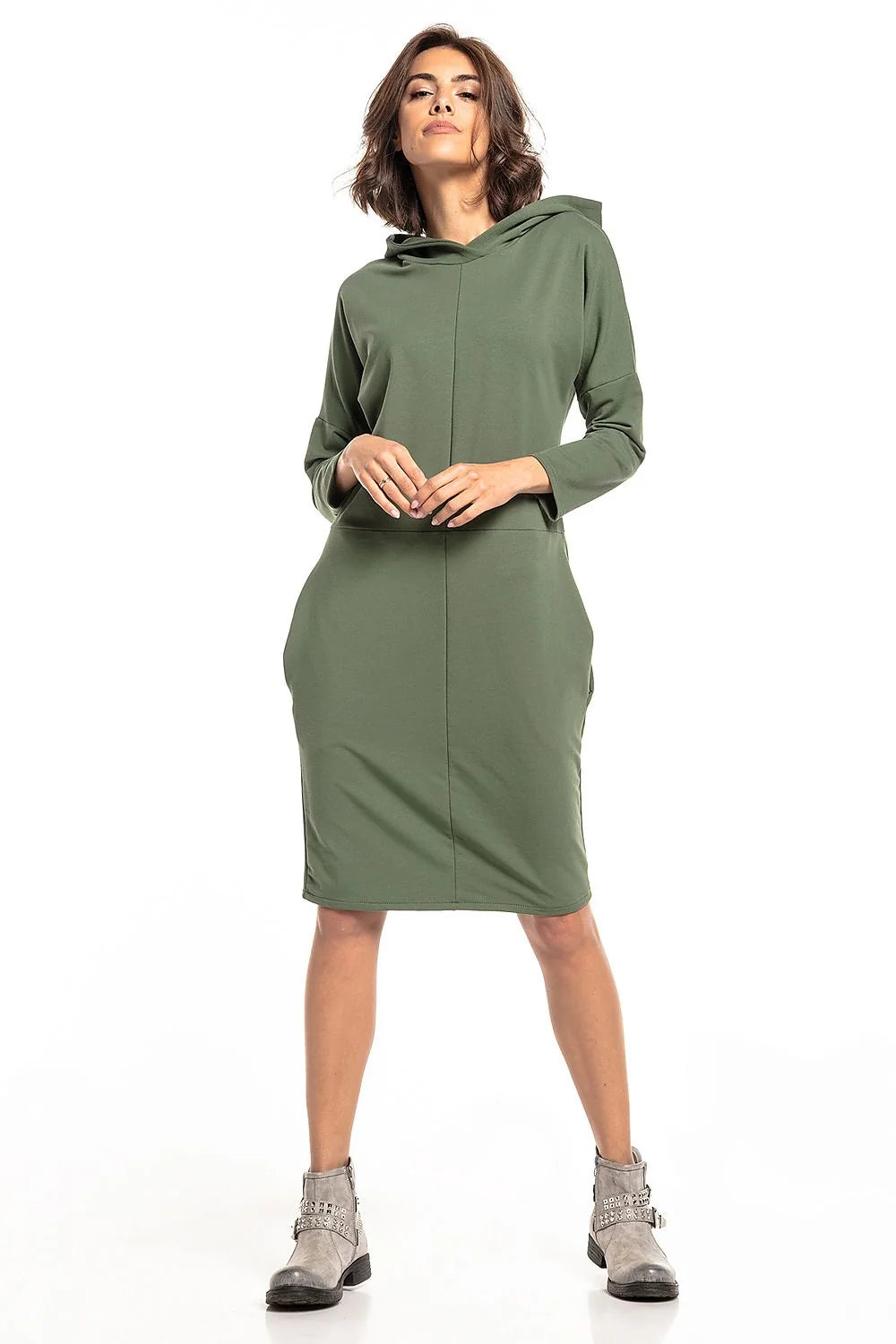 Robe en tricot coton rose décontractée avec capuche manches longues pour femme moderne élégante