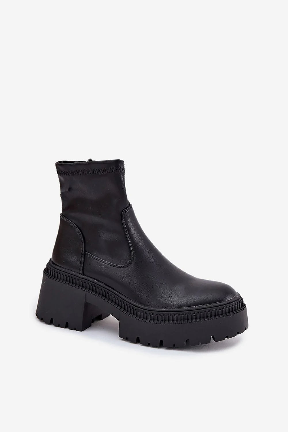 bottines femme plateforme chunky simili cuir lisse noir bout rond talon bloc semelle crantée antidérapante zip intérieur empiècements stretch confortable