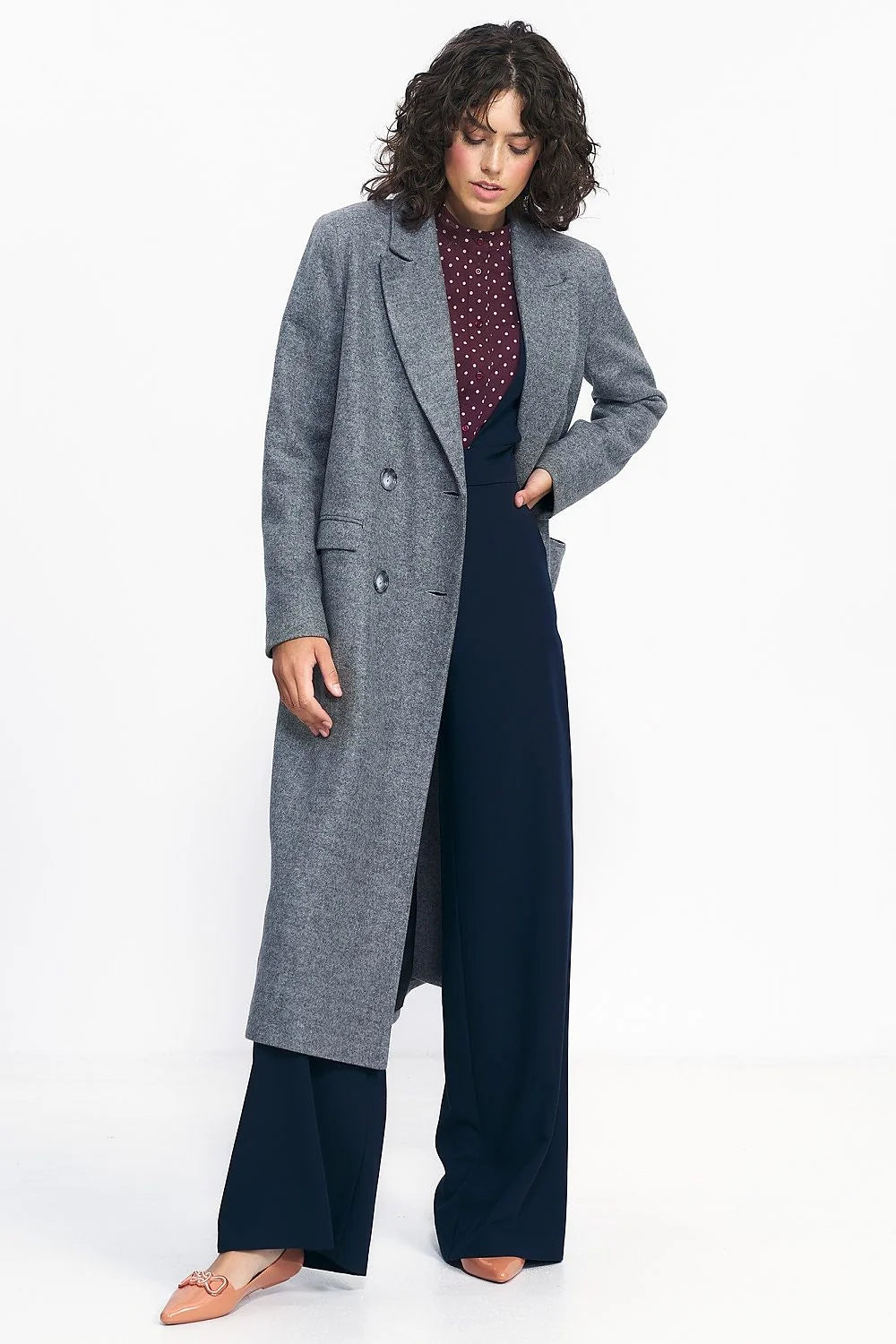 Manteau Nife Oversize Double Boutonnage gris style classique élégant femme automne hiver coupe ajustée longueur genoux