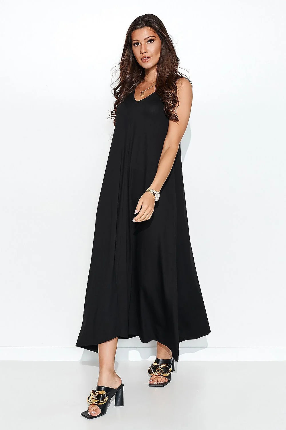Robe longue noire fluide élégante sans manches col en V occasions spéciales femmes chic