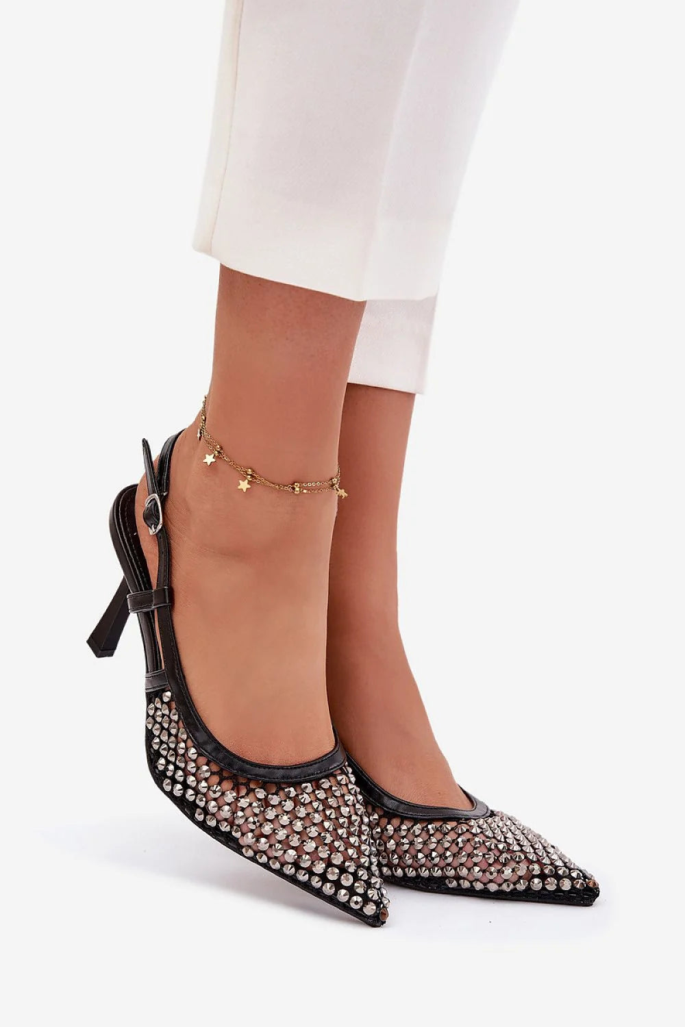escarpins slingback femme talon découvert effilé mihaut bout pointu tulle mesh transparent strass clous argentés bride réglable boucle cuir synthétique