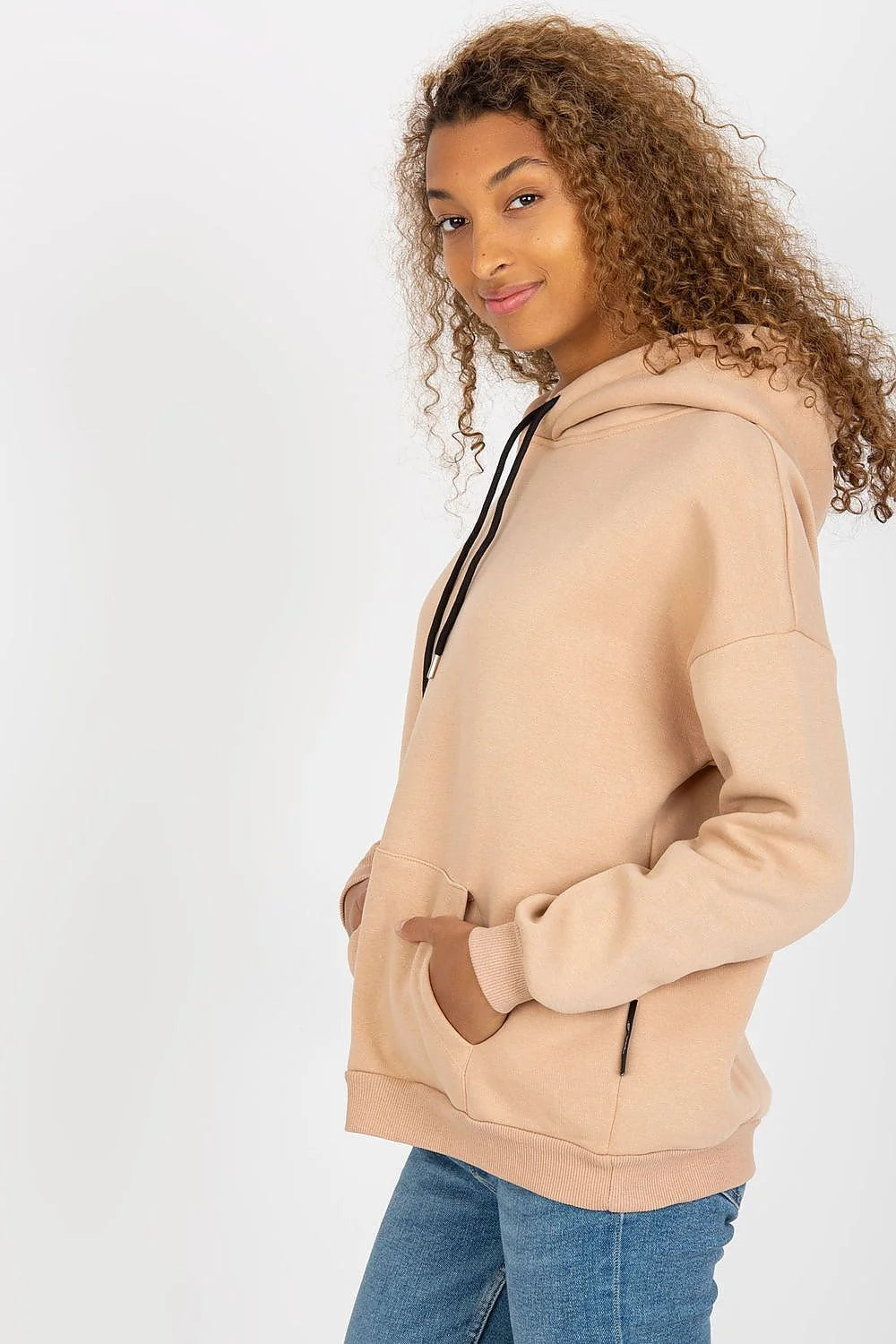 Sweatshirt Rue Paris pour femme longues manches capuche poche kangourou beige moderne casual