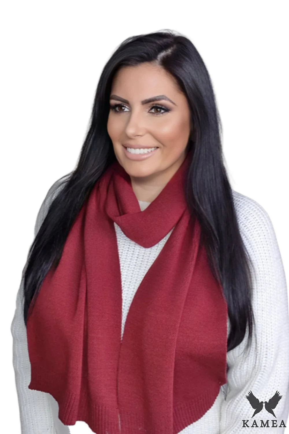 écharpe femme bordeaux tricotée longue étroite minimaliste intemporelle élégante chaude douce épaisse enveloppante bords nets polonaise